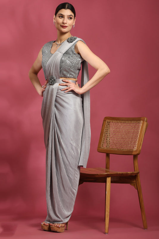 Imposing Crush Lycra Ready To Wear Saree In Grey Color