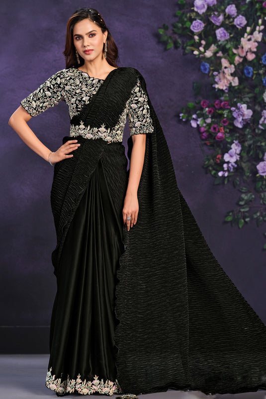 Beguiling Border Work On Black Color Satin Silk Fabric Ready To Wear Saree