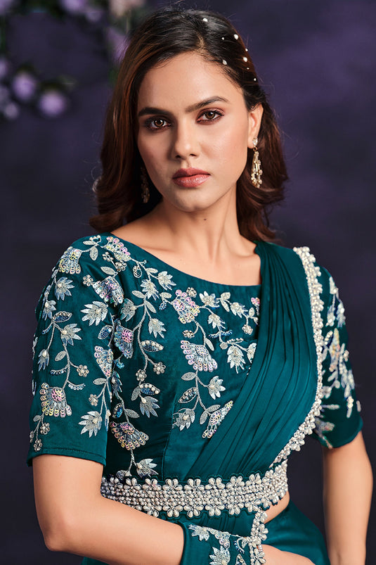 Tempting Satin Silk Fabric Teal Color Ready To Wear Saree With Border Work