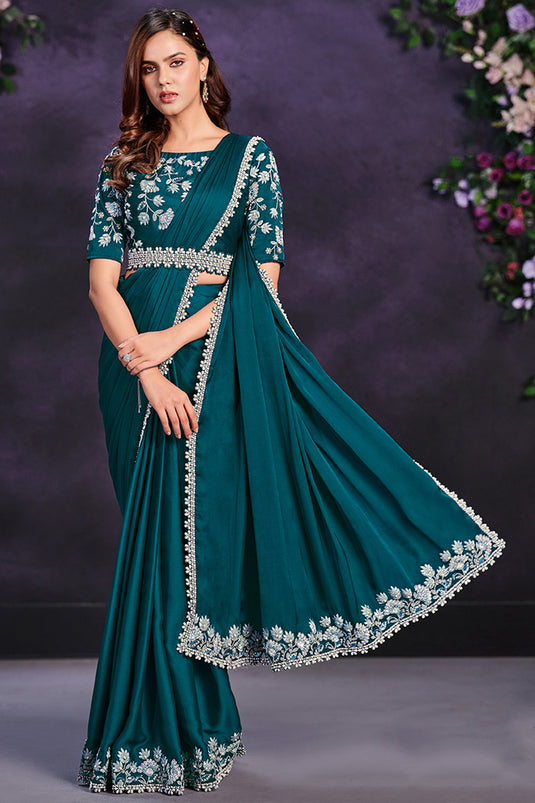 Tempting Satin Silk Fabric Teal Color Ready To Wear Saree With Border Work