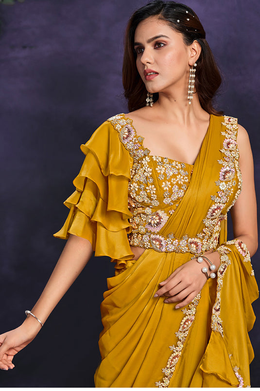 Engaging Mustard Color Satin Silk Fabric Ready To Wear Saree With Border Work