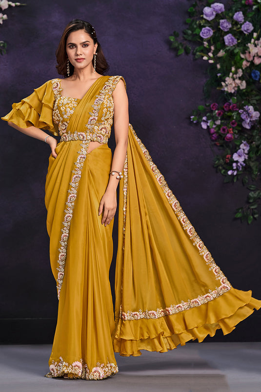 Engaging Mustard Color Satin Silk Fabric Ready To Wear Saree With Border Work