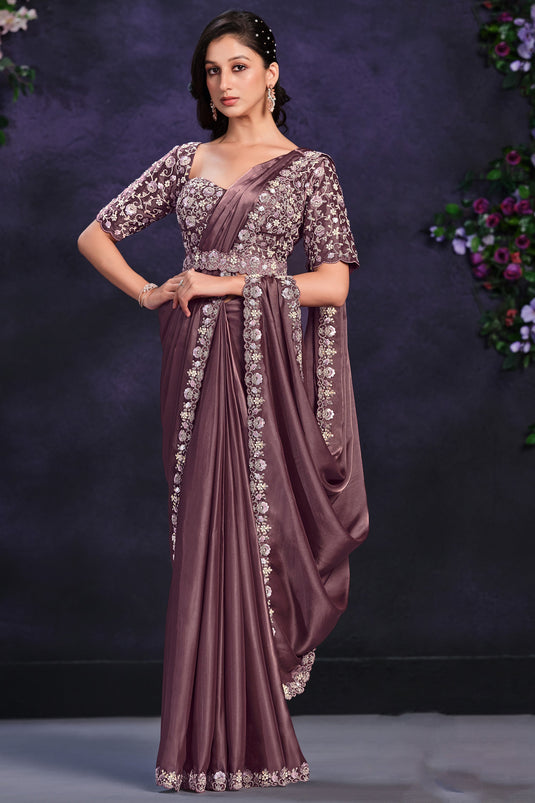 Classic Border Work On Brown Color Ready To Wear Saree In Satin Silk Fabric