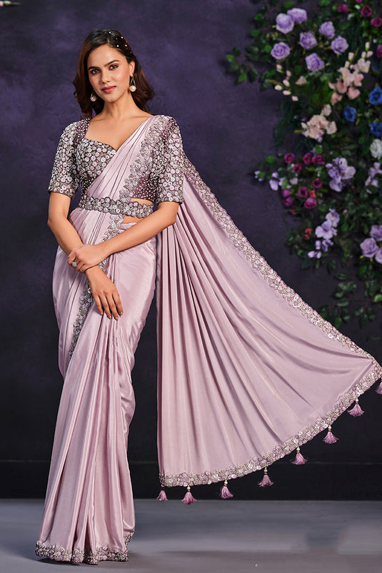 Creative Border Work On Ready To Wear Saree In Lavender Color Satin Silk Fabric