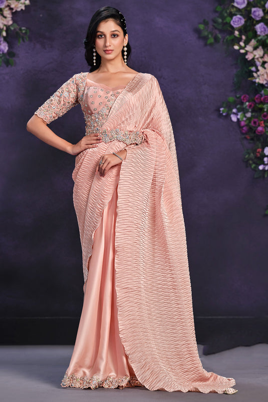 Amazing Peach Color Satin Silk Fabric Ready To Wear Saree With Border Work