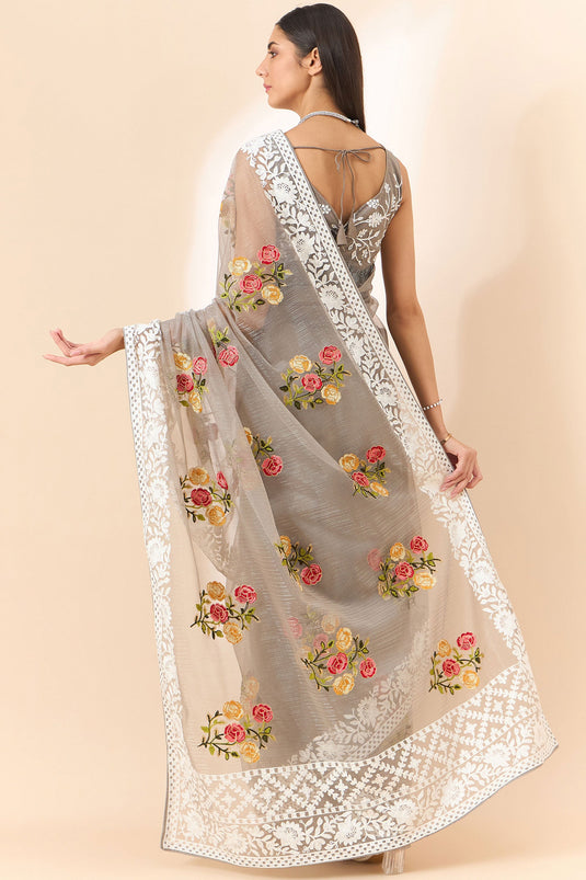 Trendy Organza Fabric Grey Color Saree With Embroidered Work