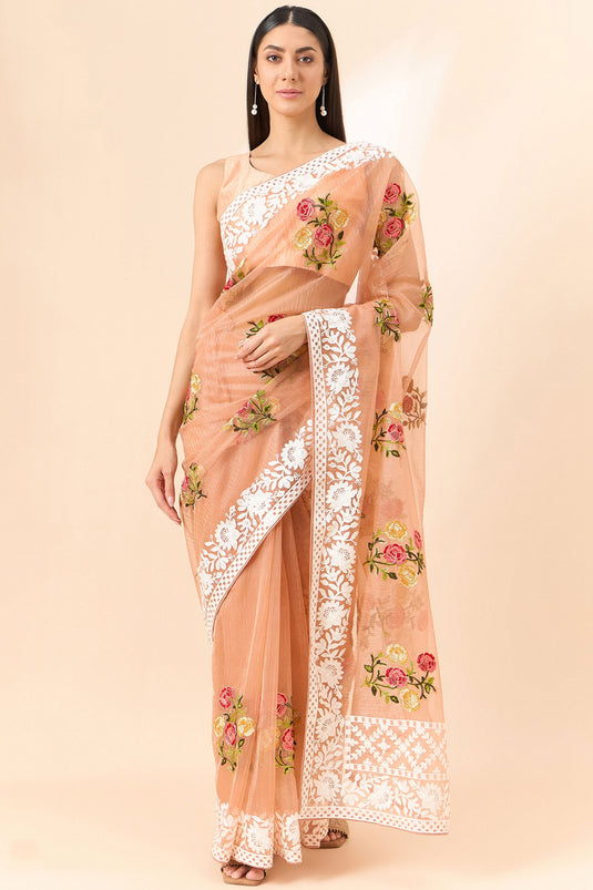 Exclusive Embroidered On Peach Color Saree In Organza Fabric