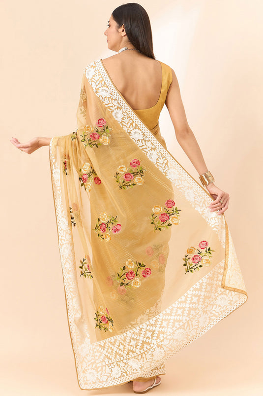 Organza Fabric Embroidered On Golden Color Amazing Saree