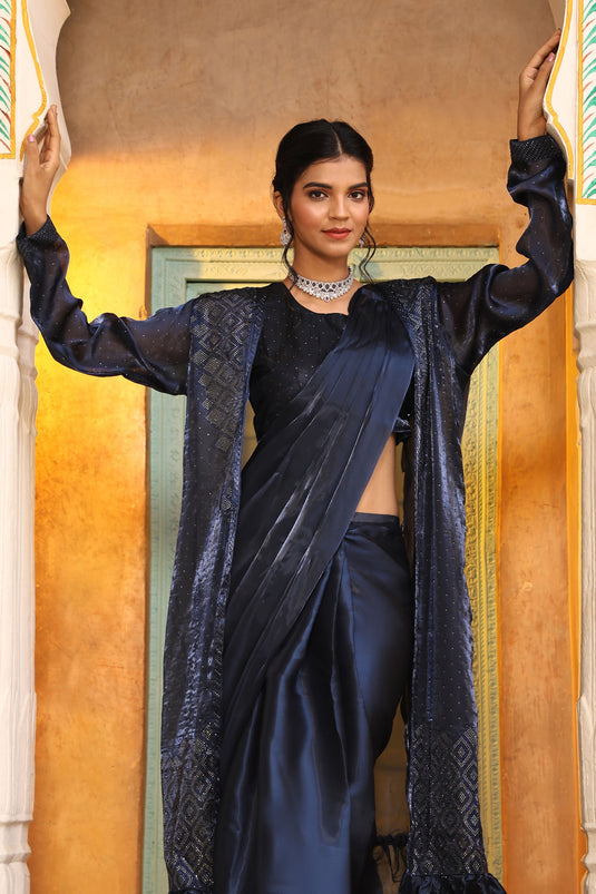 Navy Blue Color Glamorous Party Style Art Silk Ready to Wear Saree With Long Jacket