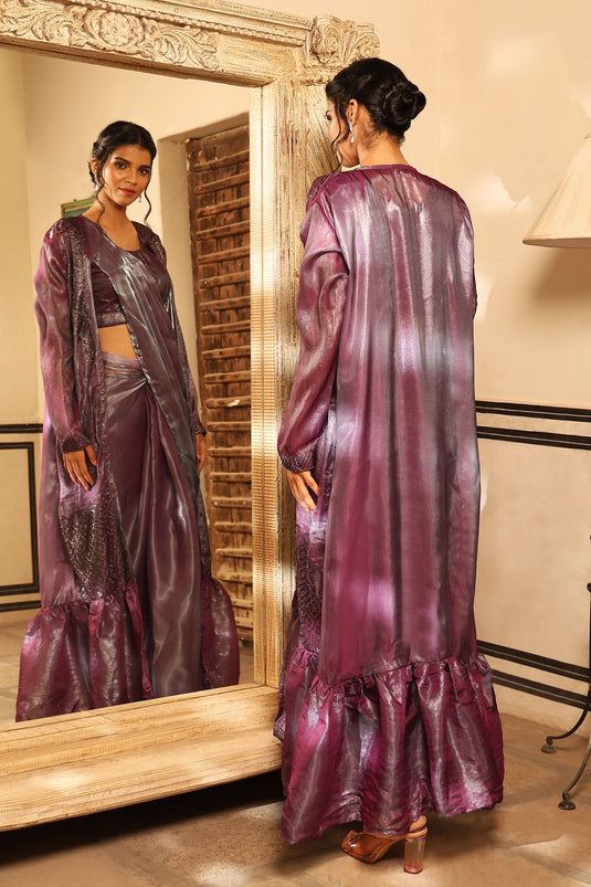 Attractive Party Style Art Silk Ready to Wear Saree With Long Jacket In Purple Color