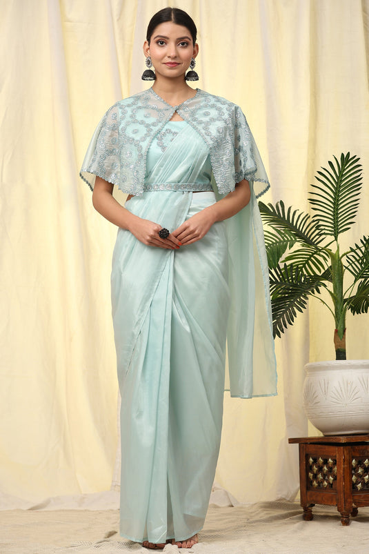 Light Cyan Color Gorgeous Satin Fabric Pre Stitched Saree With Sequins Blouse