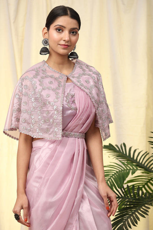 Imposing Satin Fabric Pre Stitched Saree With Sequins Blouse In Pink Color