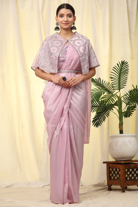 Imposing Satin Fabric Pre Stitched Saree With Sequins Blouse In Pink Color