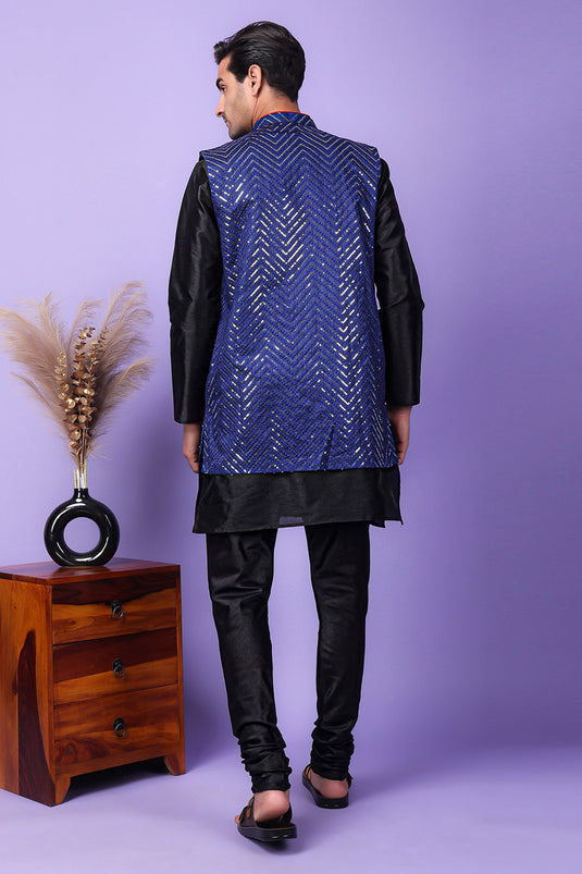 Reception Wear Readymade Black Color Art Silk Fabric Beautiful Kurta Pyjama For Men With 3 Pcs Embroidered Jacket Set