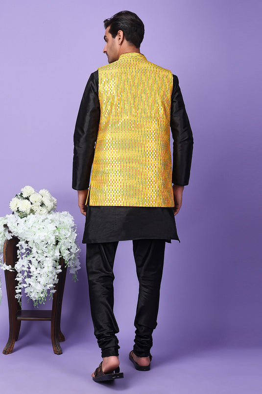 Moss Black Color Art Silk Fabric Readymade Men Kurta Pyjama With Embroidered Jacket Set