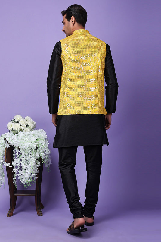 Art Silk Fabric Wedding Wear Readymade Pretty Black Color Kurta Pyjama For Men With 3 Pcs Embroidered Jacket Set