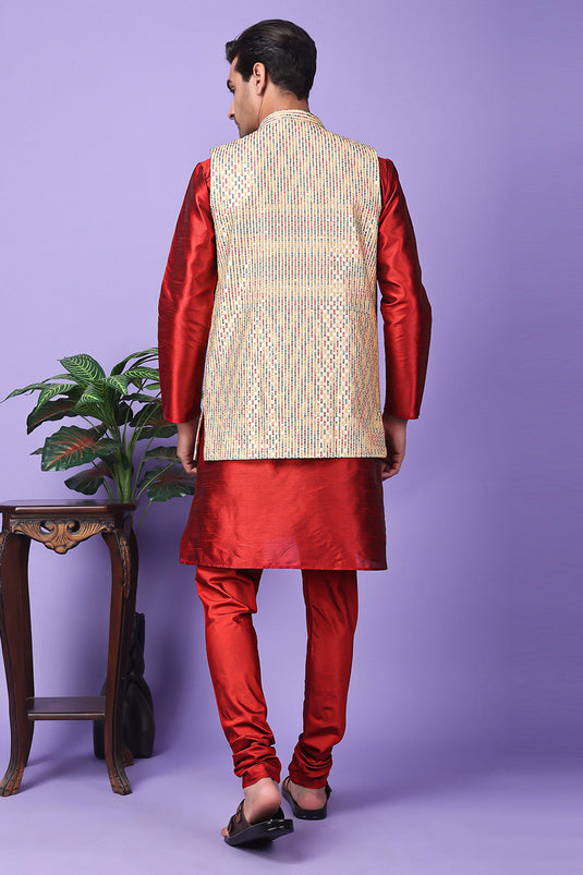Art Silk Fabric Red Color Festive Wear Readymade Lovely Kurta Pyjama For Men With Embroidered Jacket