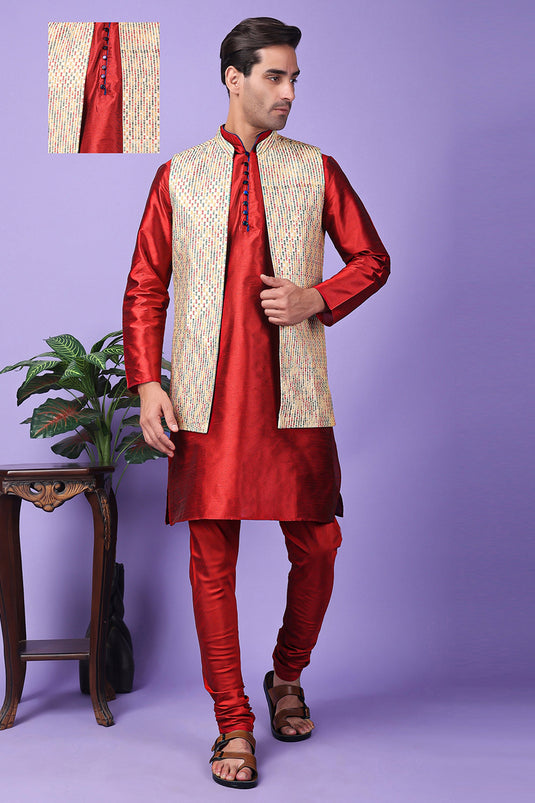 Art Silk Fabric Red Color Festive Wear Readymade Lovely Kurta Pyjama For Men With Embroidered Jacket
