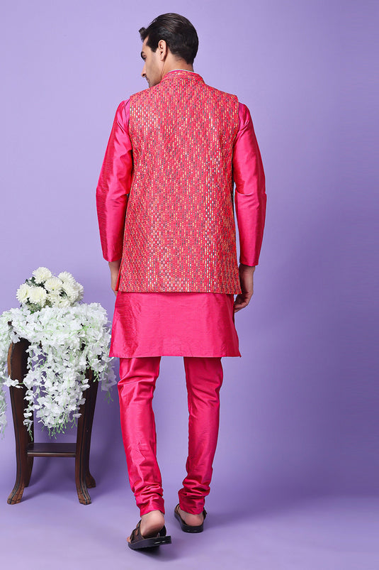 Art Silk Fabric Rani Color Ethnic Readymade Men Kurta Pyjama With Embroidered Jacket