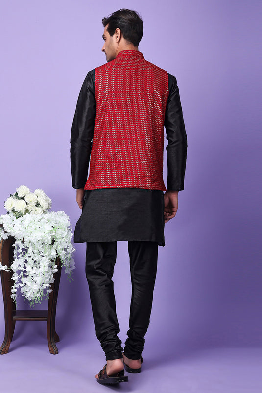 Black Art Silk Fabric Sangeet Wear Trendy Readymade Kurta Pyjama For Men With Embroidered Jacket Set