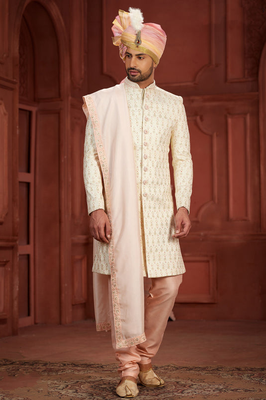 Wedding Wear Cream Color Pure Silk Fabric Readymade Sherwani For Men