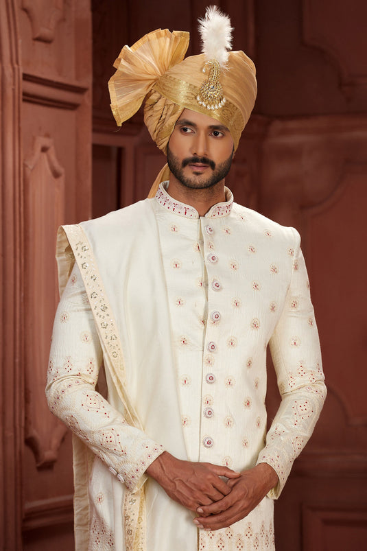 Off White Color Blazing Wedding Wear Readymade Sherwani In Pure Silk Fabric