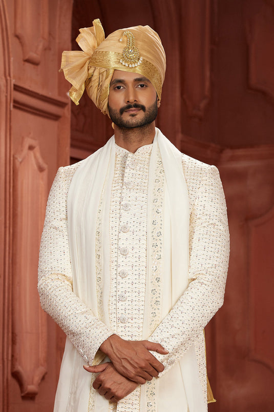 Cream Color Wedding Wear Readymade Pure Silk Fabric Sherwani For Men