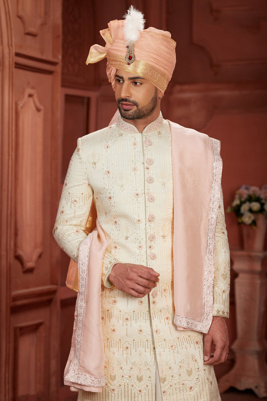 Cream Color Designer Pure Silk Fabric Readymade Sherwani For Men