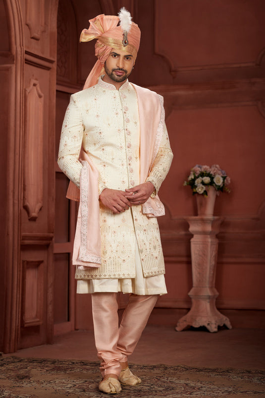 Cream Color Designer Pure Silk Fabric Readymade Sherwani For Men