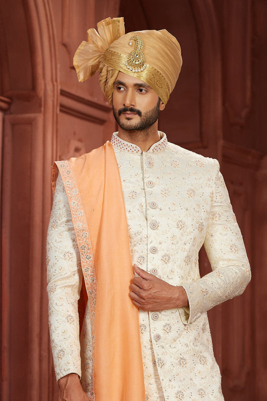 Trendy Cream Color Readymade Wedding Wear Sherwani In Pure Silk Fabric