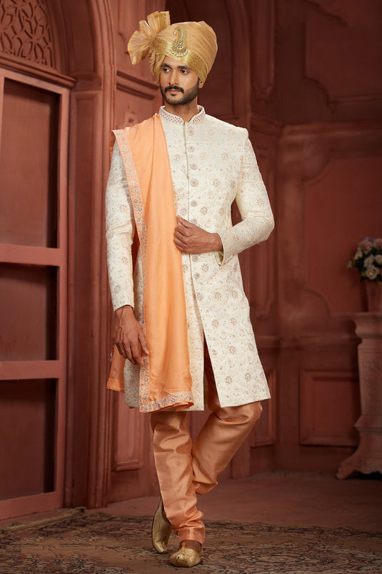 Trendy Cream Color Readymade Wedding Wear Sherwani In Pure Silk Fabric