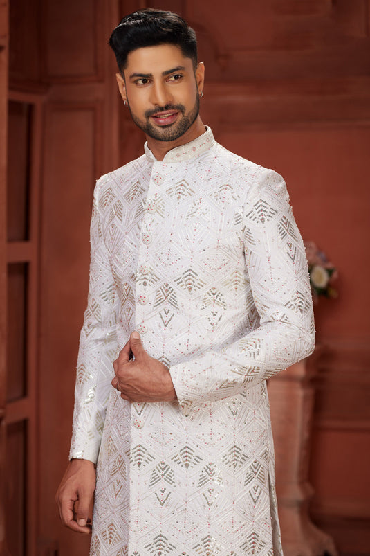 White Color Radiant Wedding Wear Readymade Sherwani