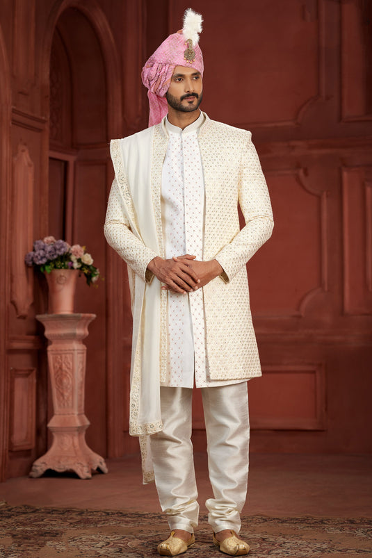 Cream Color Pure Silk Fabric Readymade Reception Wear Stylish Sherwani