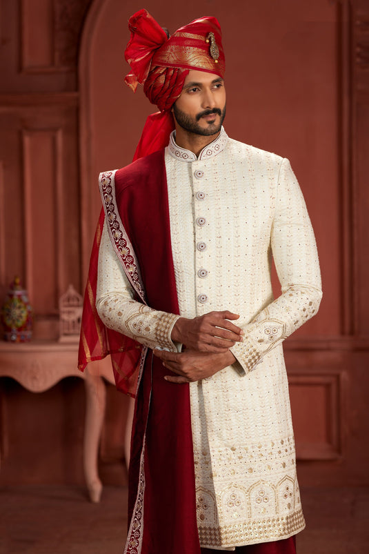 Wedding Wear Pure Silk Fabric Readymade Special Sherwani In Cream Color