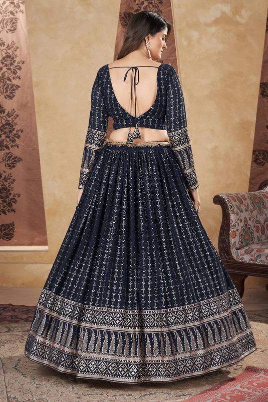 Exclusive Fancy Work On Navy Blue Color Readymade Lehenga In Georgette Fabric