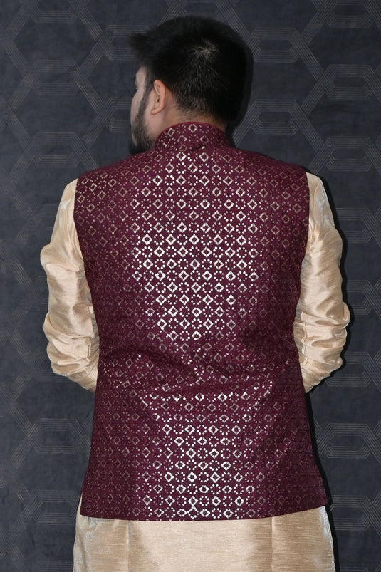 Maroon Color Art Silk Fabric Sangeet Wear Readymade Trendy Jacket For Men