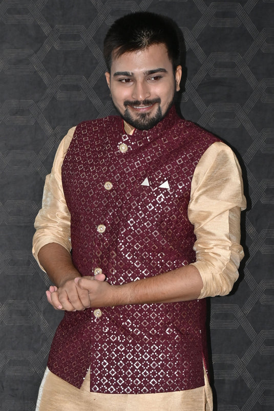 Maroon Color Art Silk Fabric Sangeet Wear Readymade Trendy Jacket For Men
