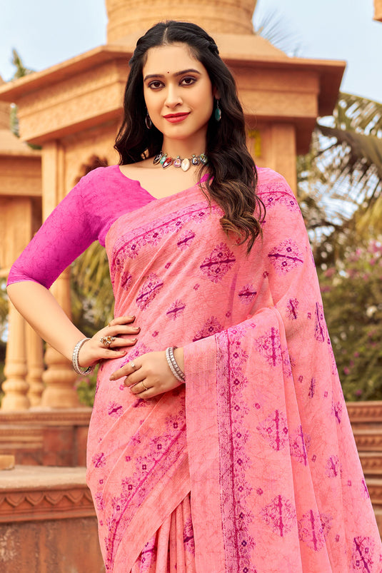 Pink Color Chiffon Fabric Special Printed Work Saree