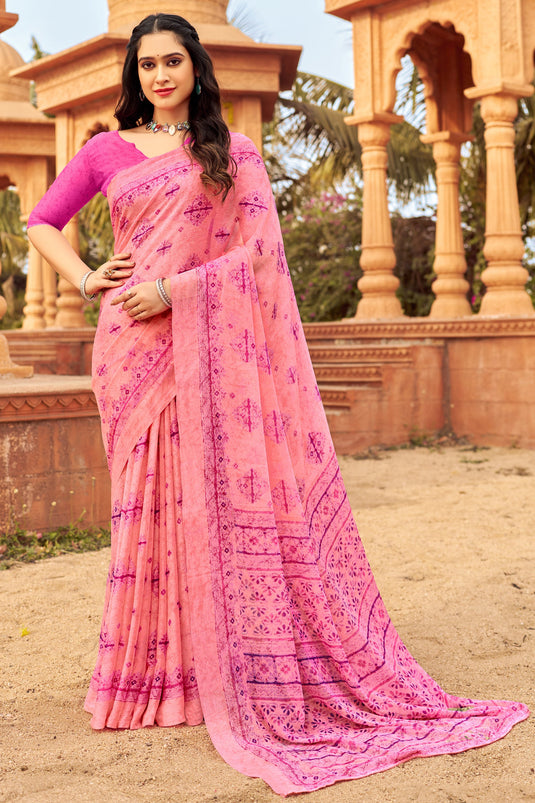 Pink Color Chiffon Fabric Special Printed Work Saree