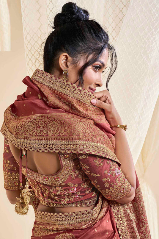 Rust Color Silk Fabric Sangeet Wear Trendy Saree