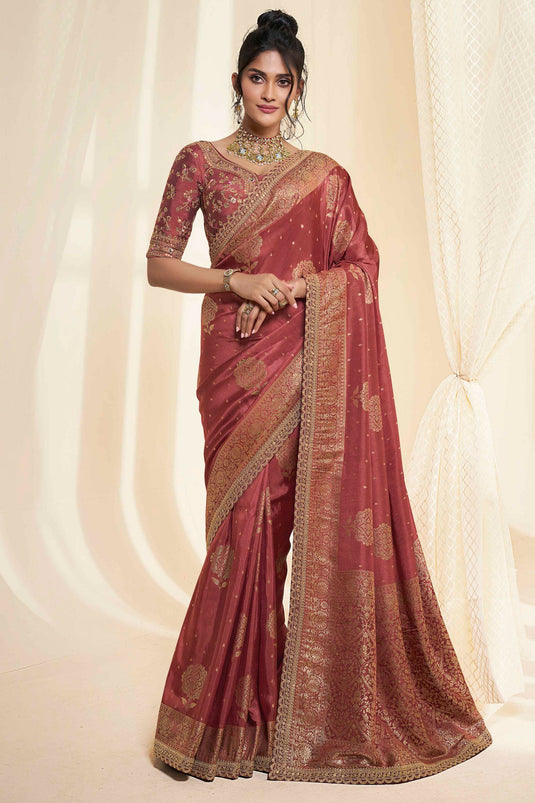 Rust Color Silk Fabric Sangeet Wear Trendy Saree