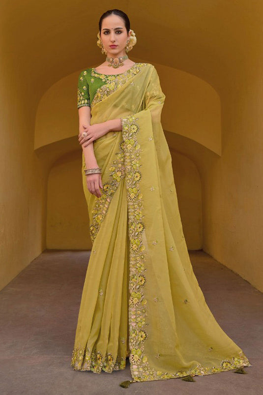 Beguiling Border Work On Green Color Organza Silk Fabric Saree