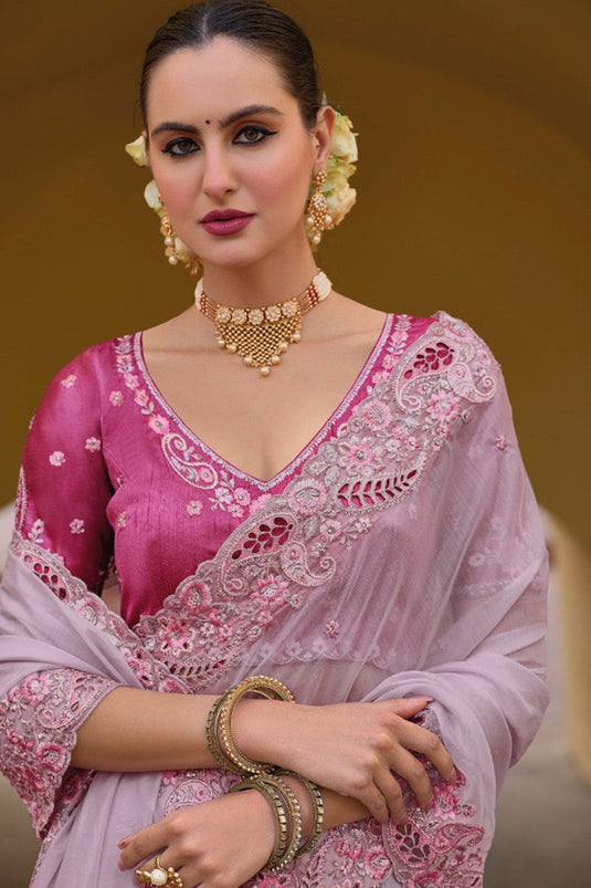 Classic Border Work On Pink Color Saree In Organza Silk Fabric