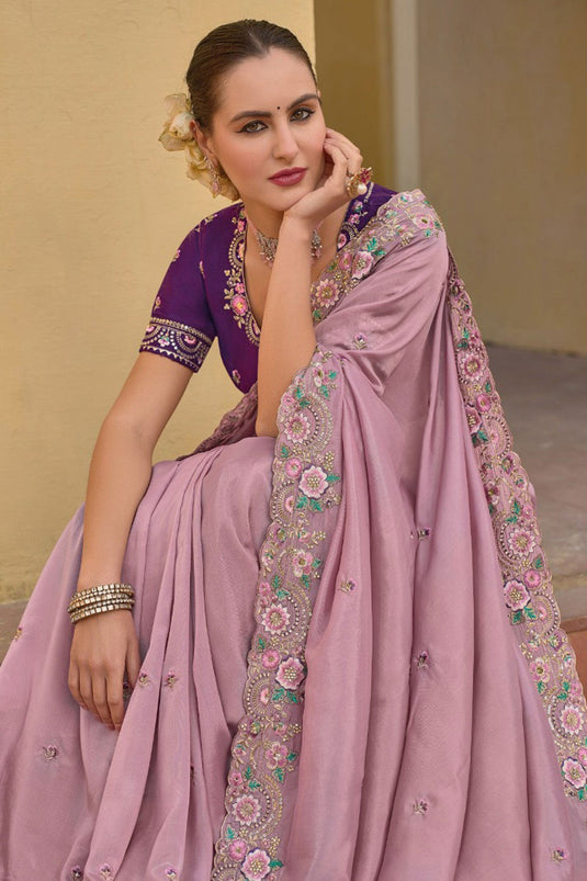 Creative Border Work On Saree In Pink Color Organza Silk Fabric
