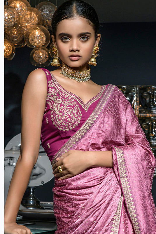 Mesmeric Pink Color Embroidered Work On Saree In Silk Fabric