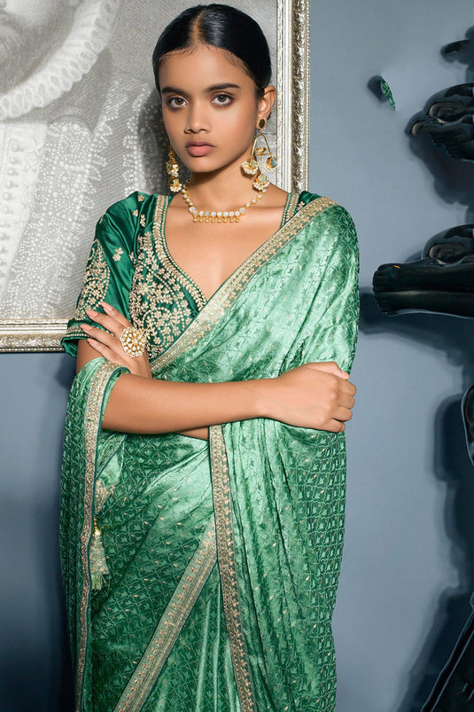 Excellent Silk Fabric Sea Green Color Saree With Embroidered Work