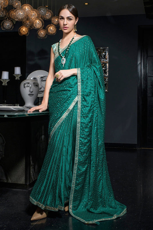 Beguiling Embroidered Work On Green Color Silk Fabric Saree