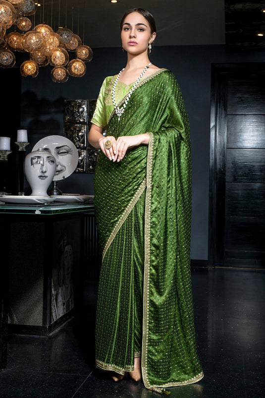 Tempting Silk Fabric Olive Color Saree With Embroidered Work