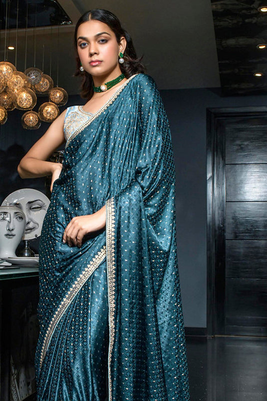 Classic Embroidered Work On Teal Color Saree In Silk Fabric
