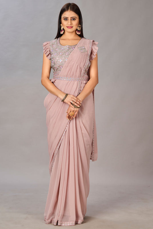 Georgette Fabric Peach Color Riveting One Minute Saree With Embroidered Work